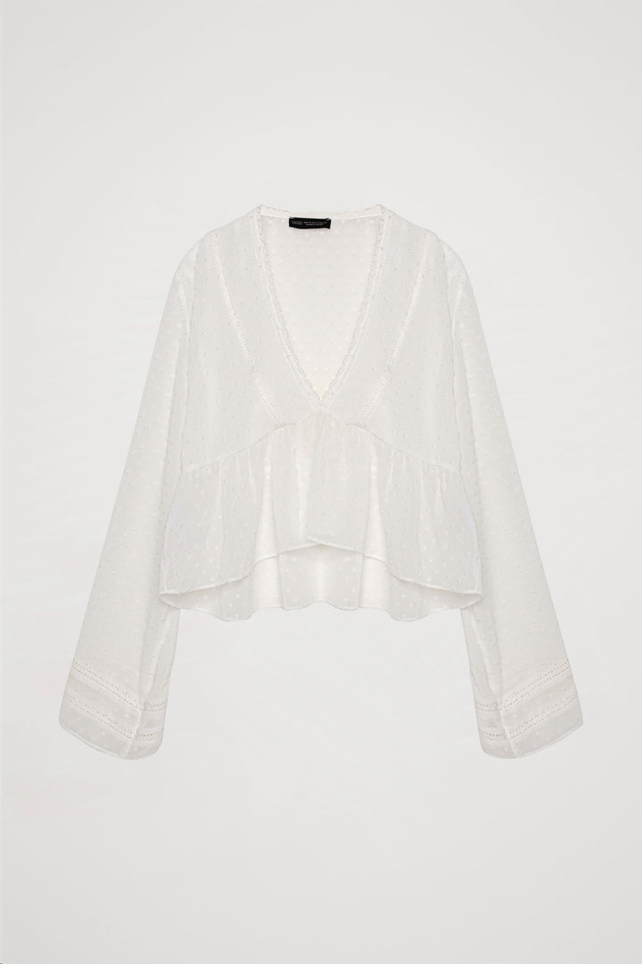 V Yaka Dantelli Tül Bluz Ekru