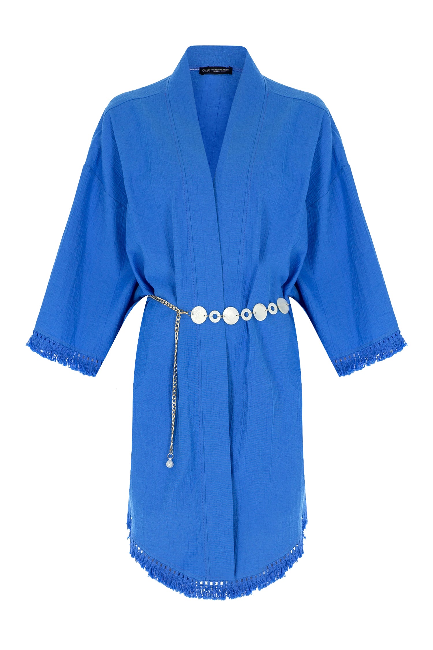 Zincir Aksesuarlı Püsküllü Kimono Mavi