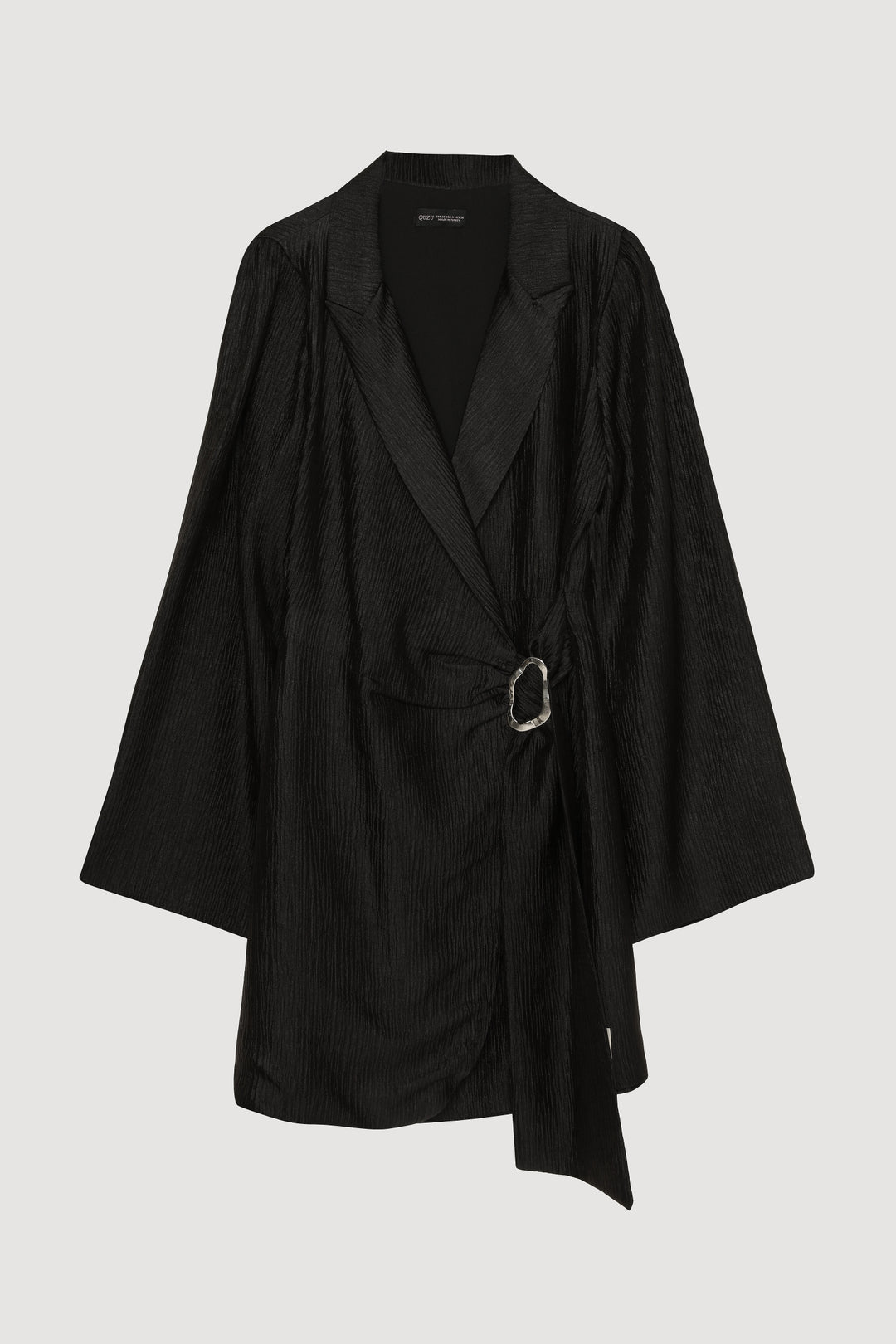 Kruvaze Bağlamalı Dokulu Mini Elbise Siyah