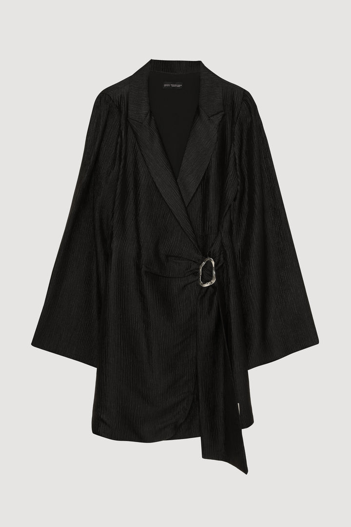 Kruvaze Bağlamalı Dokulu Mini Elbise Siyah