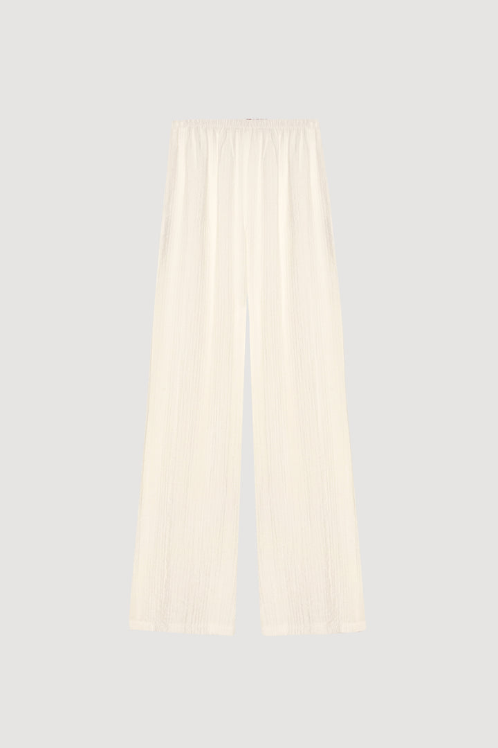 Gofre Kumaş Geniş Paça Pantolon Ekru