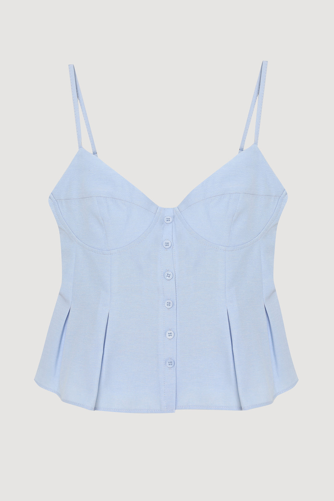 Pile Detaylı Düğmeli İnce Askılı Bluz Mavi