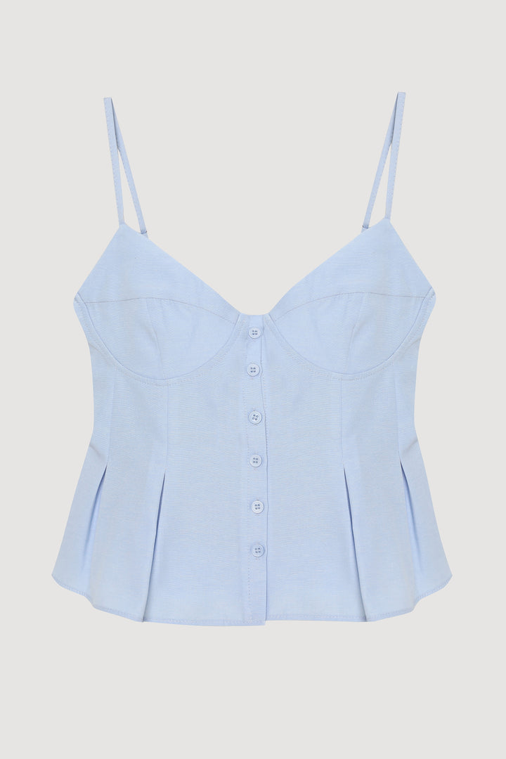 Pile Detaylı Düğmeli İnce Askılı Bluz Mavi