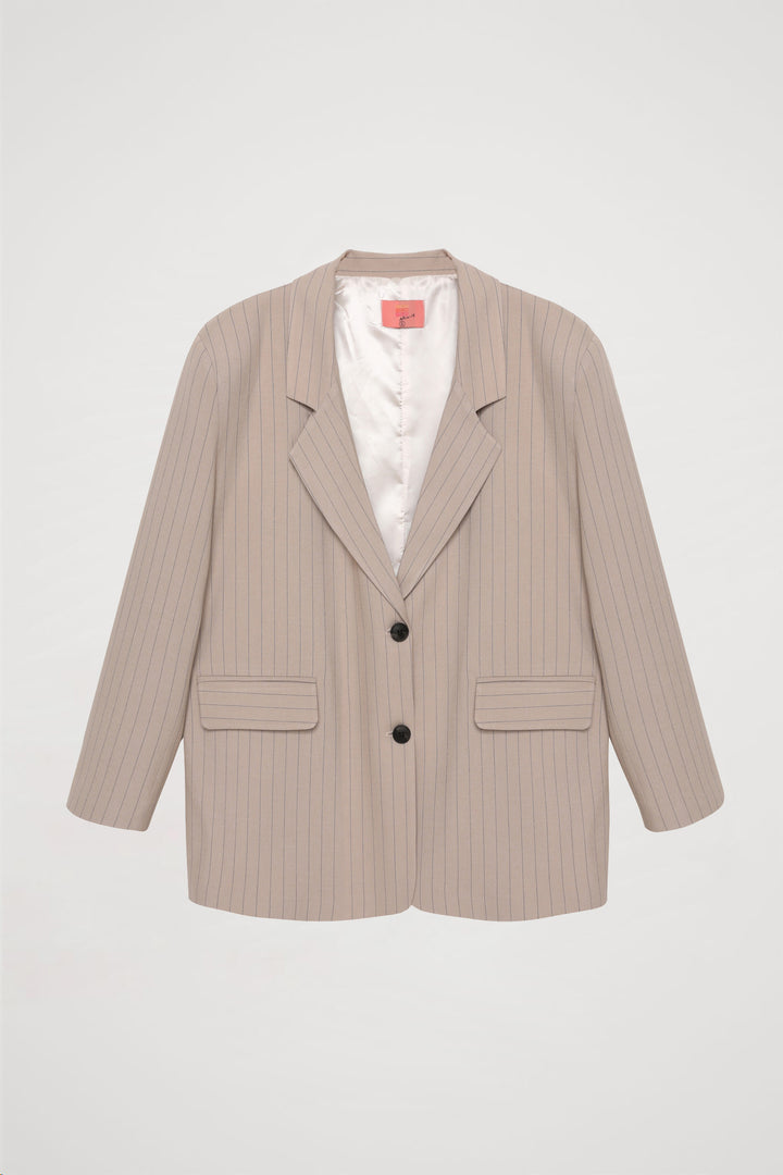 İnce Çizgili Düğmeli Oversize Blazer Ceket Bej