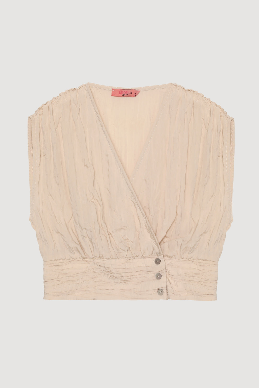 Kırışık Görünümlü Kolsuz Düğmeli Bluz Bej
