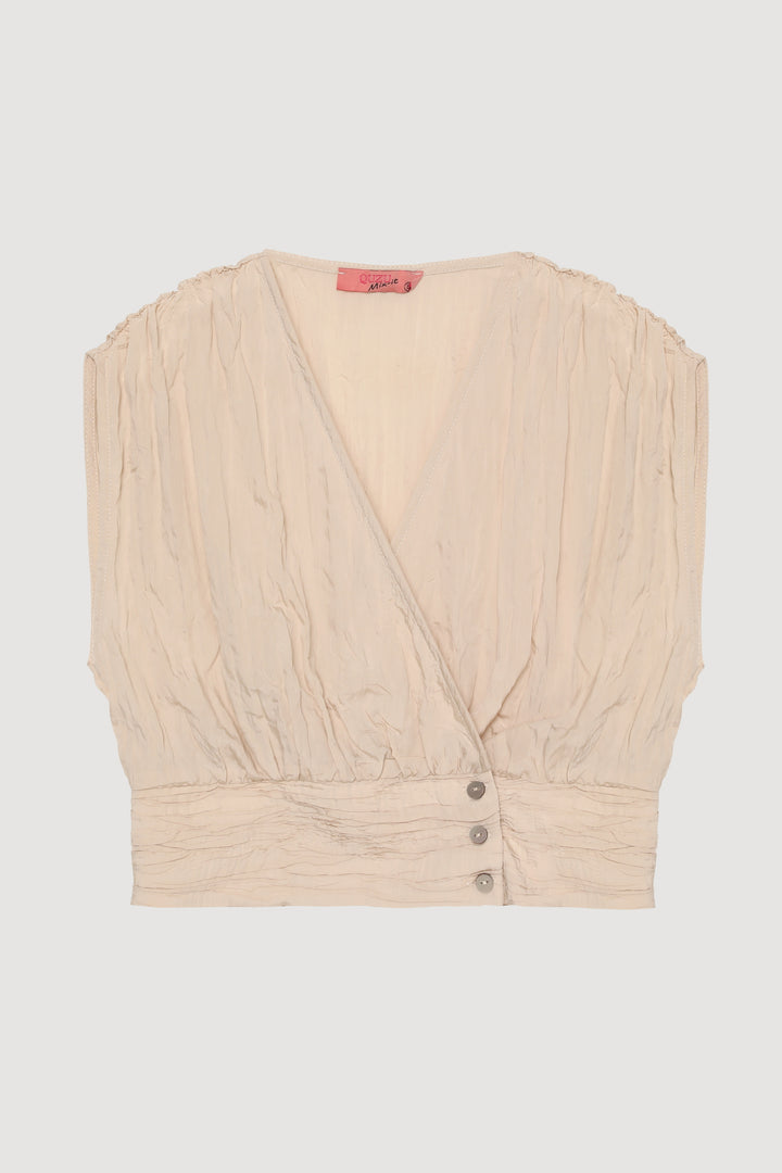 Kırışık Görünümlü Kolsuz Düğmeli Bluz Bej
