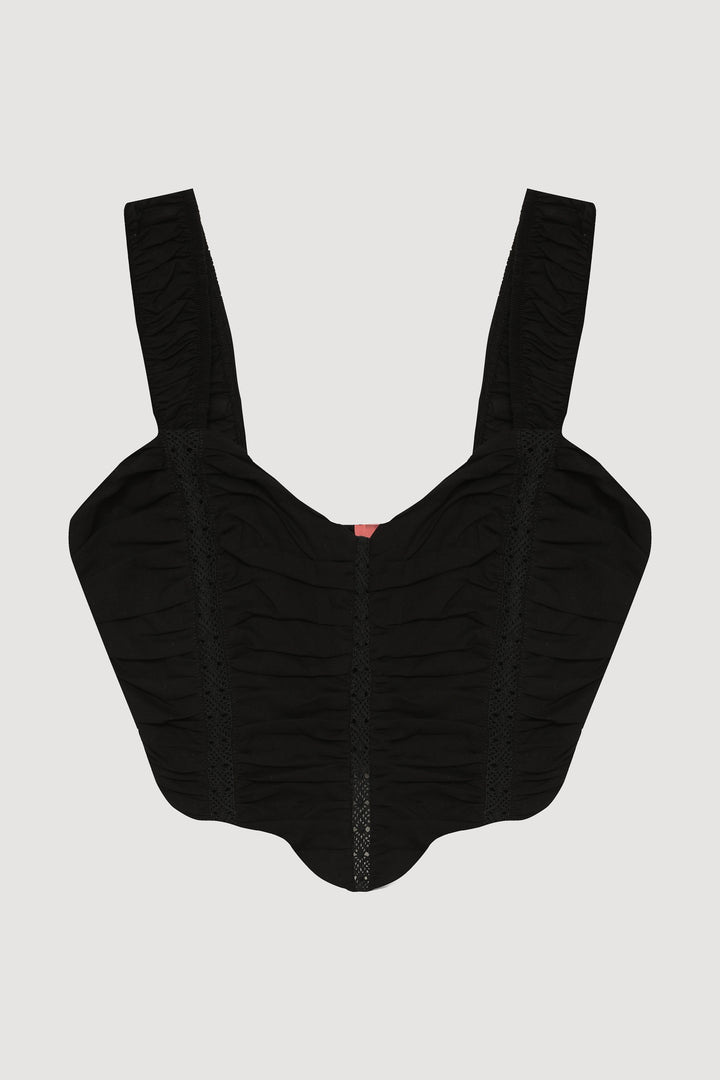 Dantel Detaylı Drapeli Crop Bluz Siyah