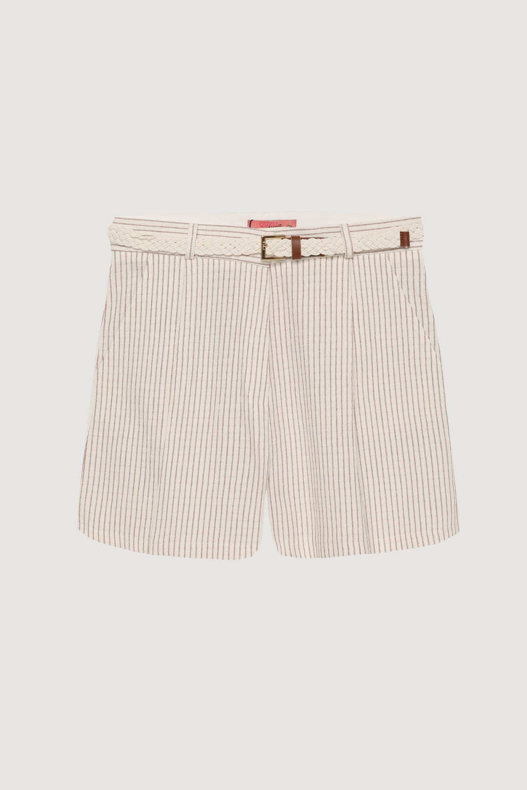 Örgü Kemerli İnce Çizgili Keten Mini Şort Naturel
