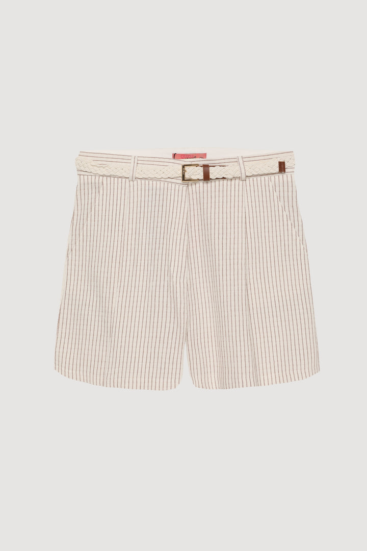 Örgü Kemerli İnce Çizgili Keten Mini Şort Naturel