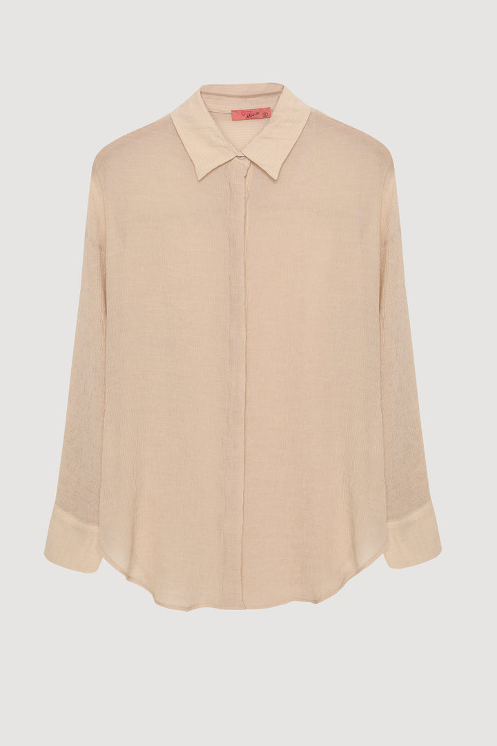 Düğmeli Oversize Dokulu Gömlek Taş