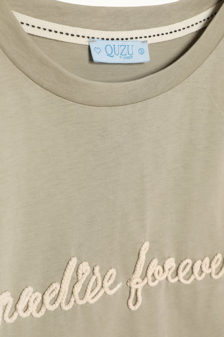 Yazı Nakışlı Kolsuz Crop Tişört Haki