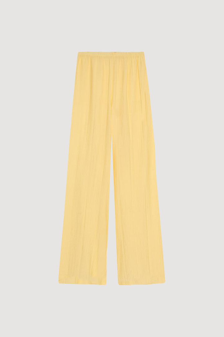 Gofre Kumaş Geniş Paça Pantolon Sarı
