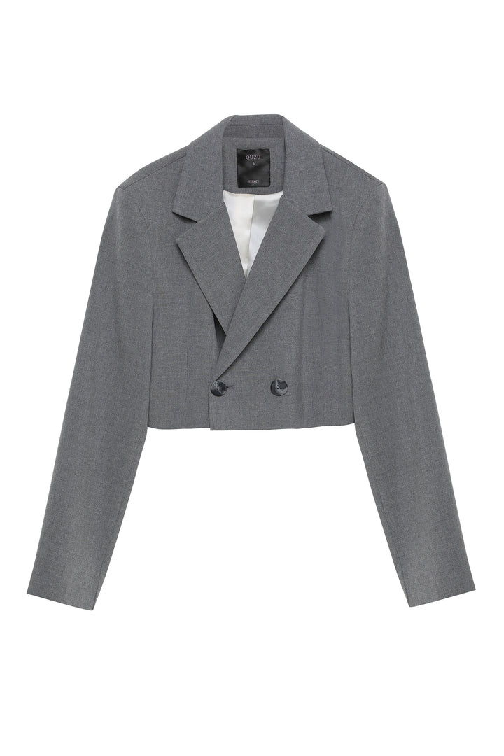 Vatka Detaylı Crop Blazer Ceket Gri