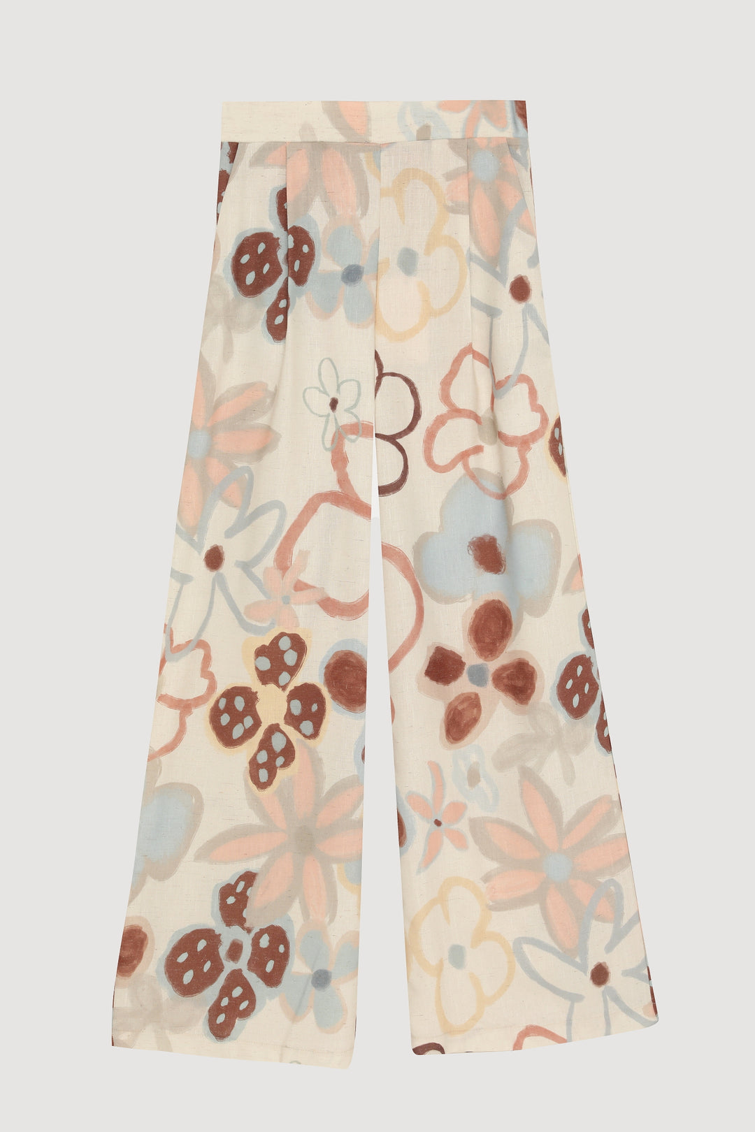 Renkli Çiçek Desenli Geniş Keten Pantolon Naturel