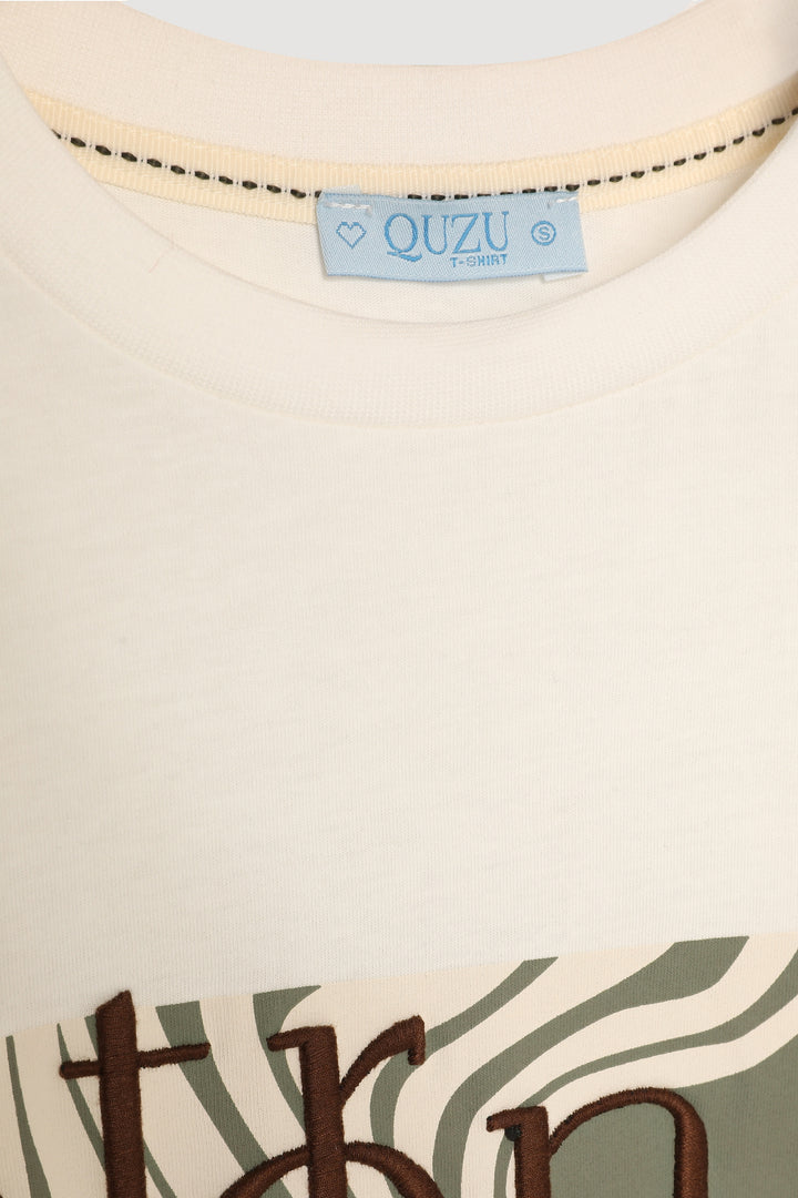 Slogan Baskılı Kısa Kol Tişört Ekru