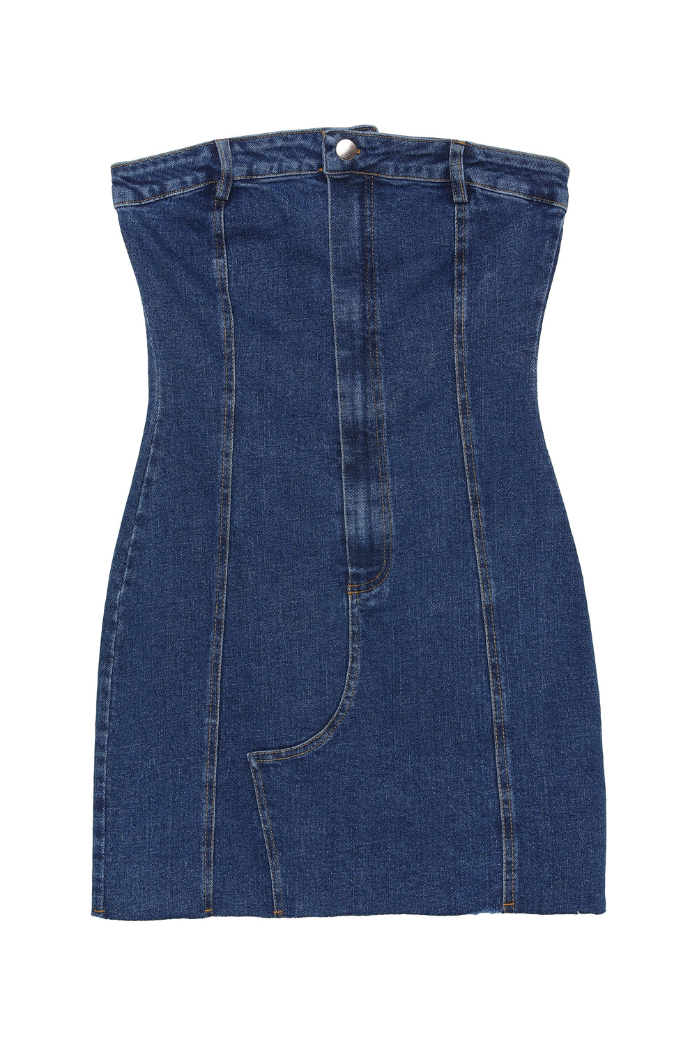 Straplez Detaylı Kot Mini Elbise Mavi