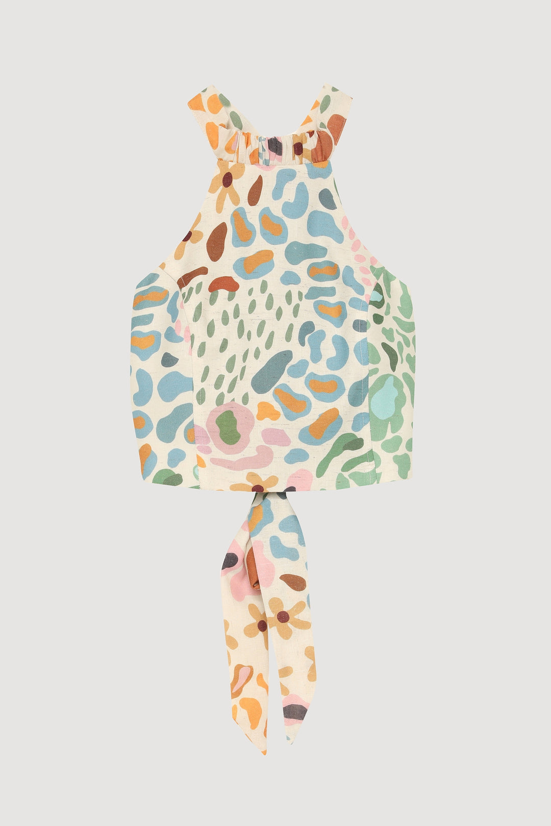 Sırt Bağlamalı Desenli Keten Crop Bluz Naturel