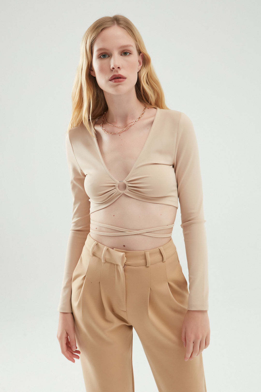 Low-cut V-Neck Blouse Beige