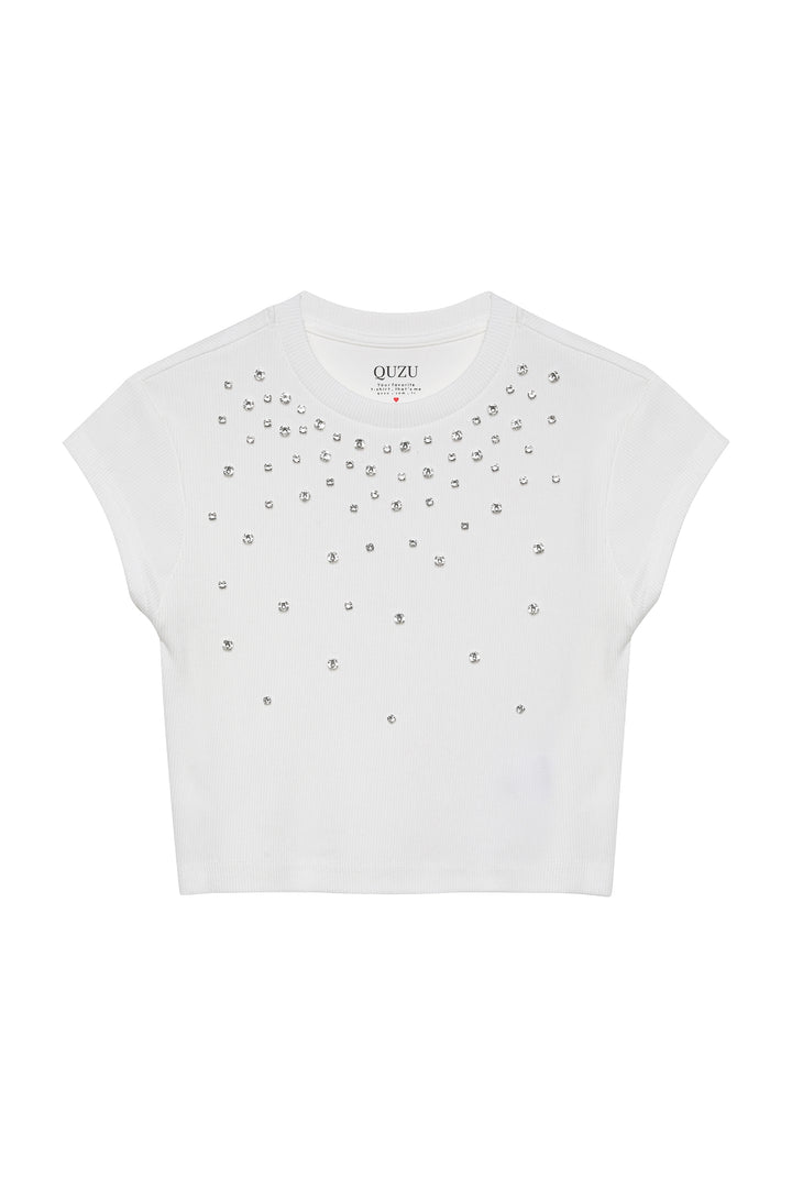 Taş Detaylı Fitilli Crop Bluz Ekru