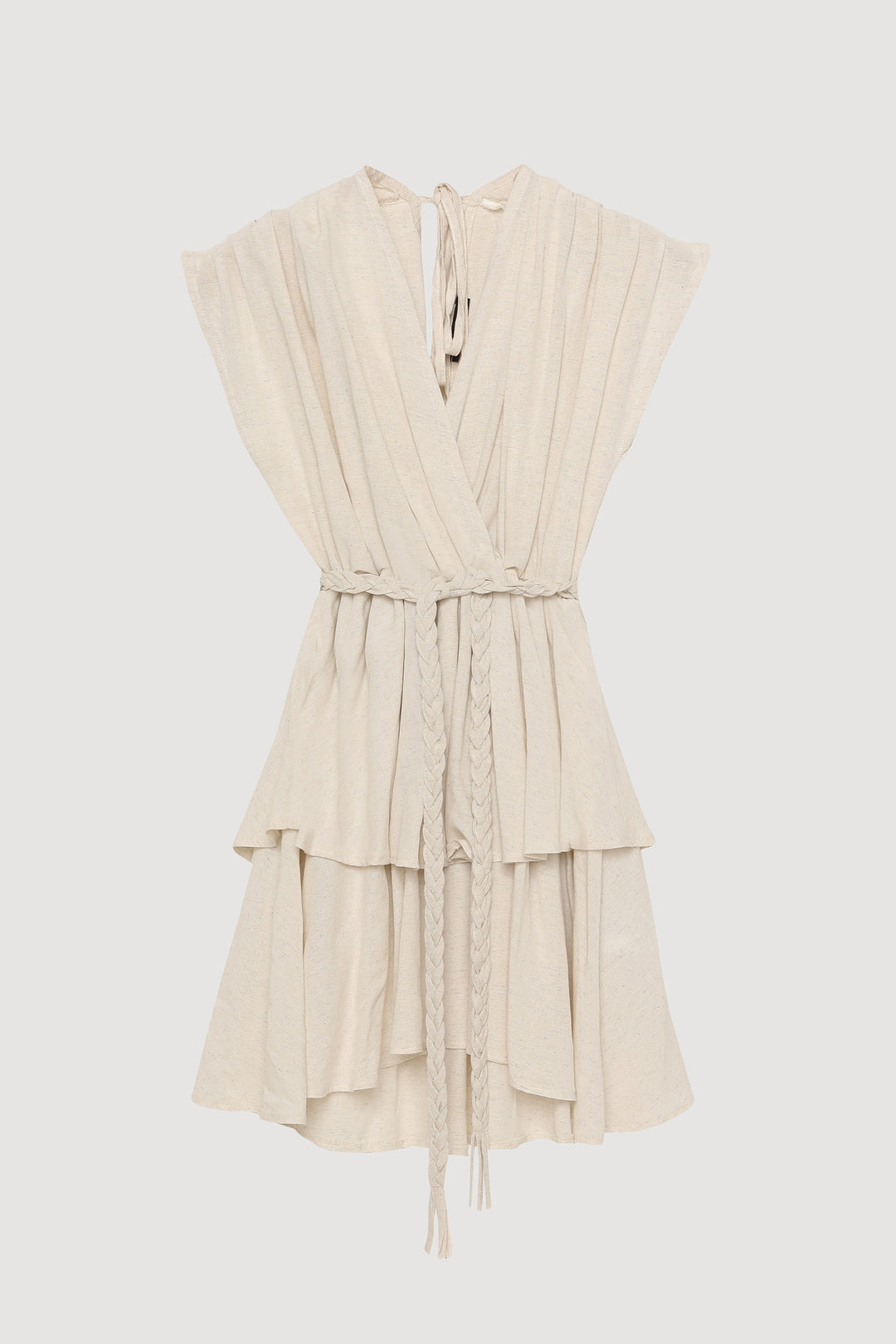 Örgü Kemerli Piliseli Keten Elbise Naturel