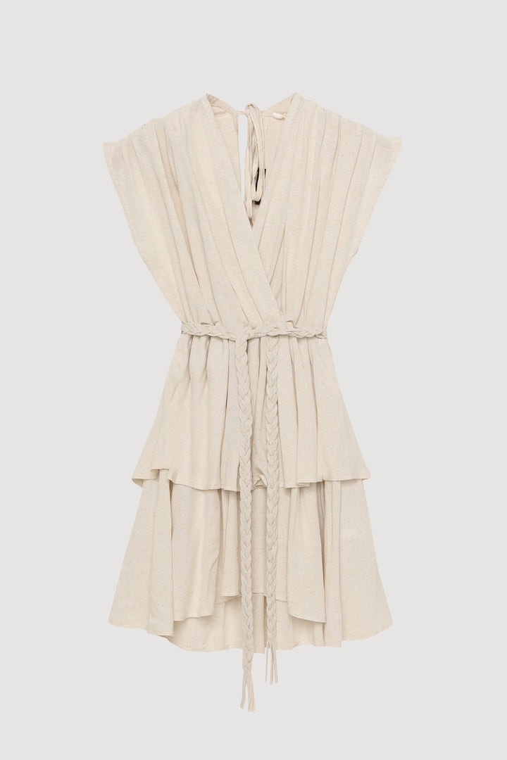 Örgü Kemerli Piliseli Keten Elbise Naturel
