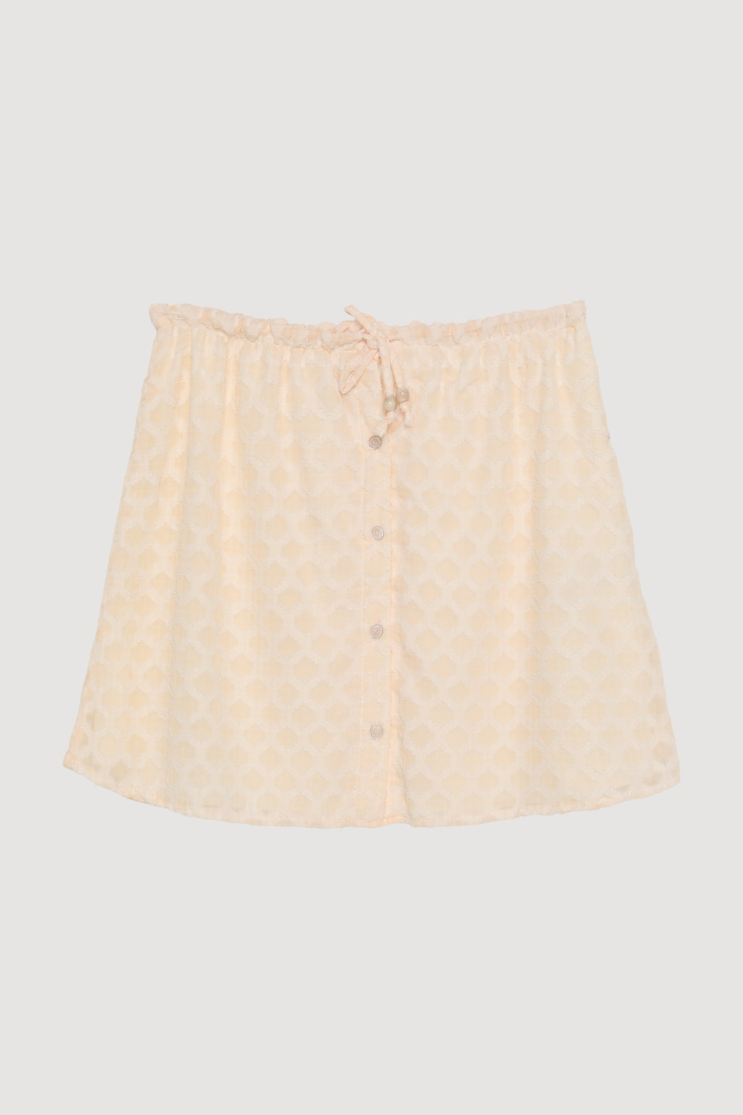 Önden Düğmeli Beli Lastikli Dokulu Mini Etek Ekru