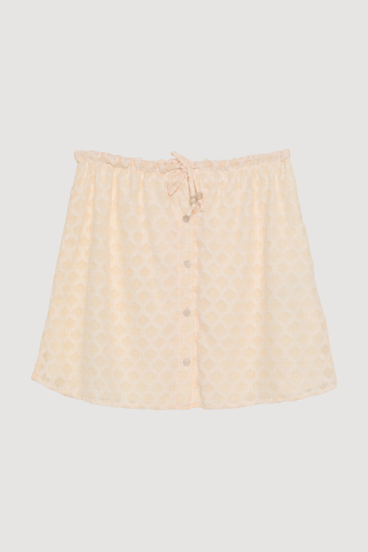 Önden Düğmeli Beli Lastikli Dokulu Mini Etek Ekru