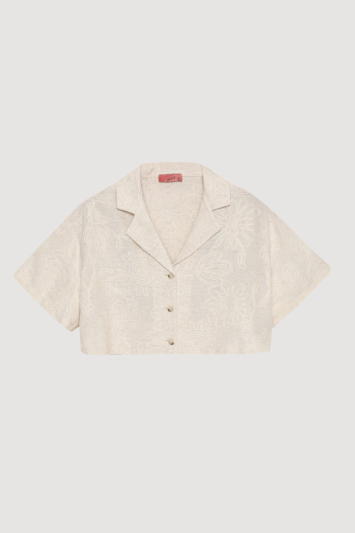 Nakış İşlemeli Keten Crop Gömlek Naturel