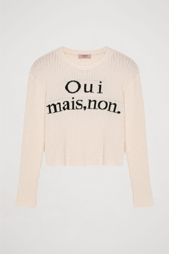 Fitilli Yazı Baskılı Uzun Kol Triko Ekru