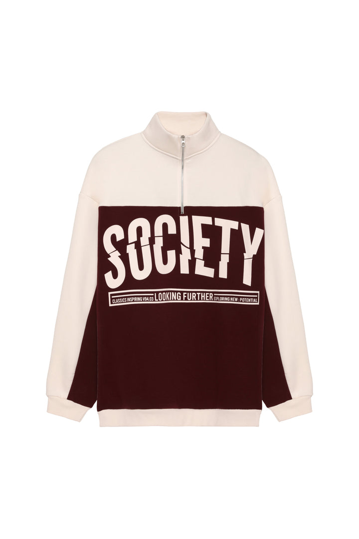 Renk Bloklu Yazılı Oversize Sweatshirt Bej