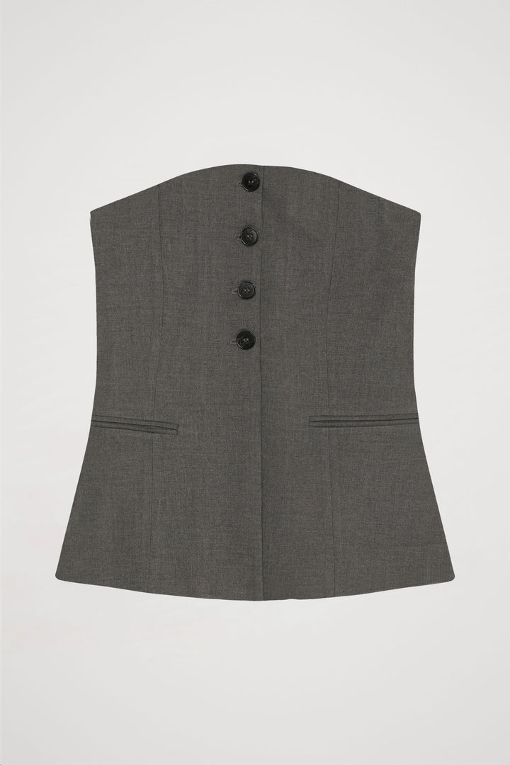 Düğme Detaylı Straplez Bluz Koyu Gri