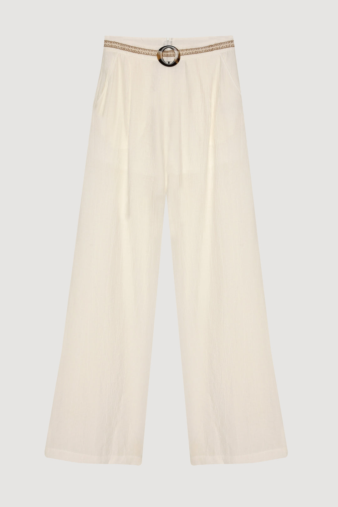 Toka Aksesuarlı Beli Nakışlı Bol Paça Pantolon Ekru