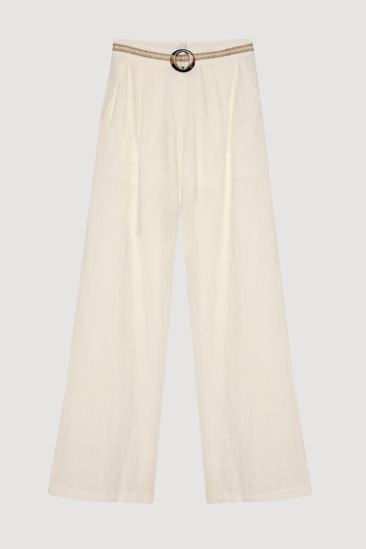 Toka Aksesuarlı Beli Nakışlı Bol Paça Pantolon Ekru