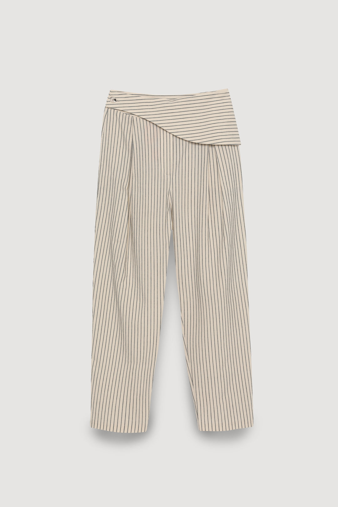Asimetrik Bel Detaylı Çizgili Pantolon Bej
