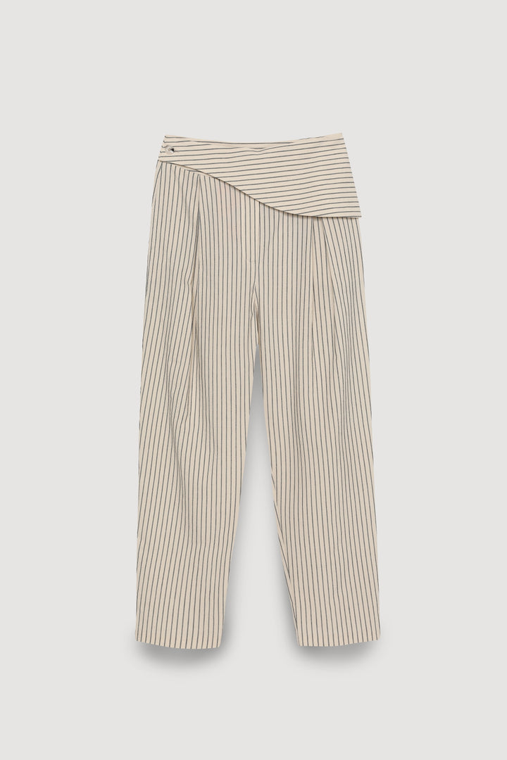 Asimetrik Bel Detaylı Çizgili Pantolon Bej