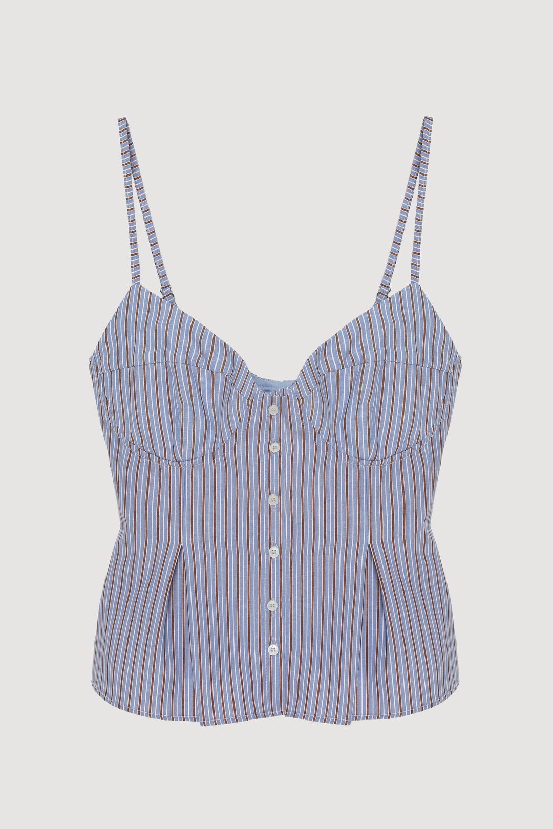 Çizgili Pile Detaylı İnce Askılı Bluz Mavi