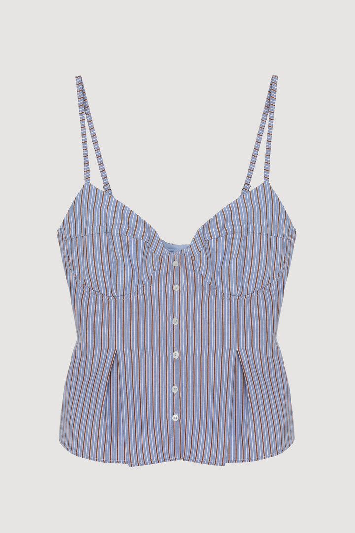 Çizgili Pile Detaylı İnce Askılı Bluz Mavi