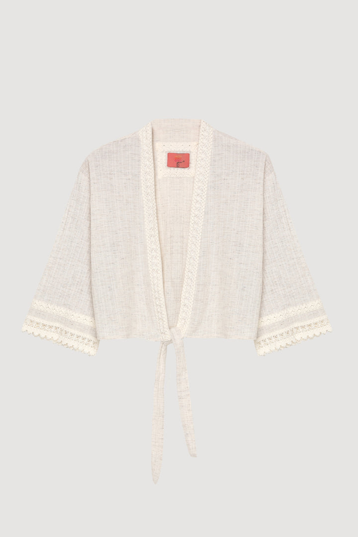 Şerit Dantelli Bağlamalı Kimono Naturel