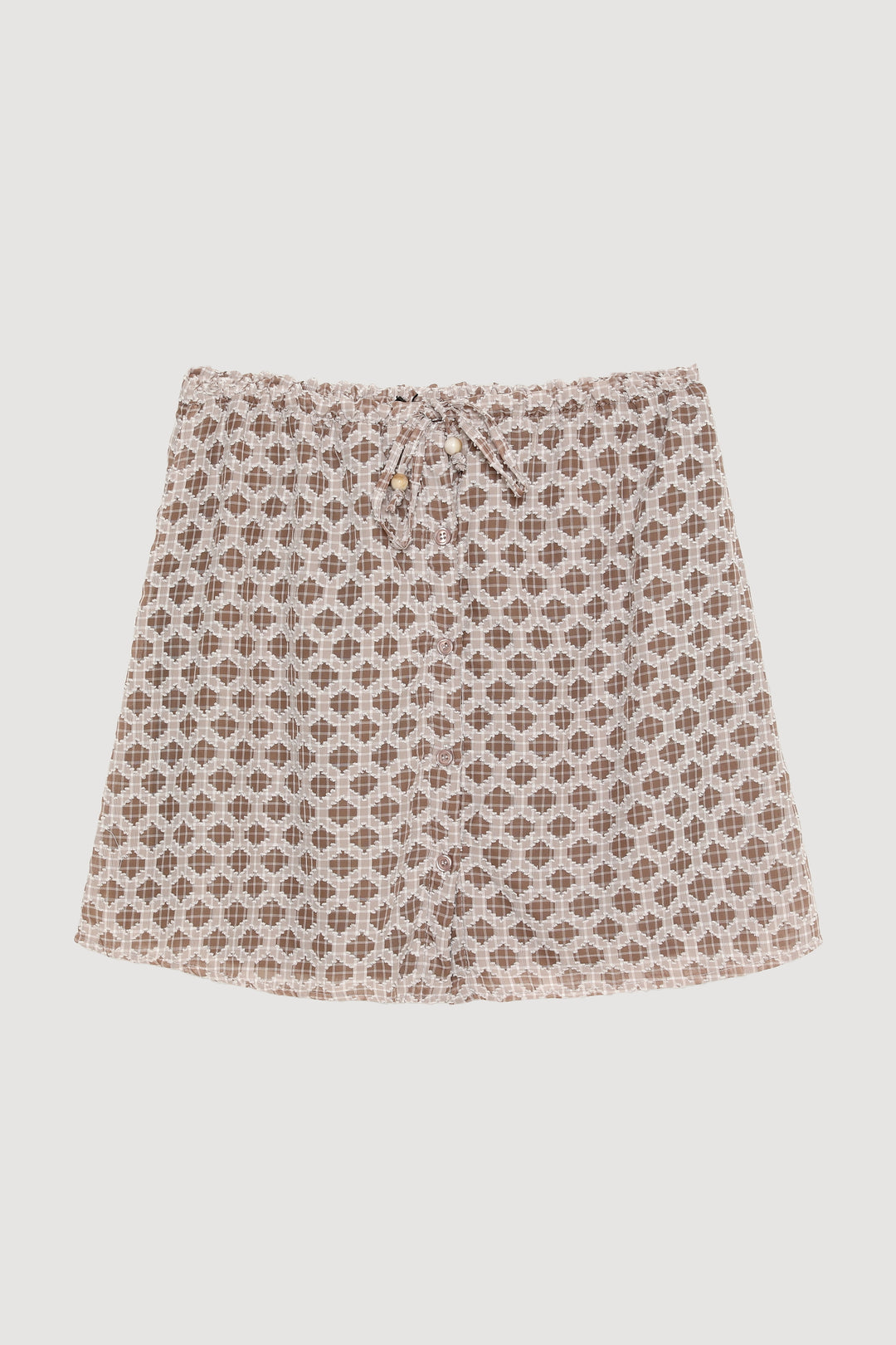 Önden Düğmeli Beli Lastikli Dokulu Mini Etek Kahverengi