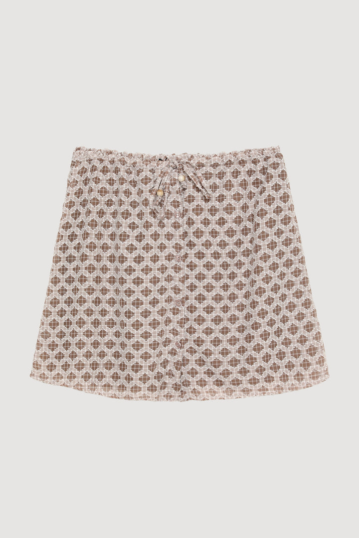 Önden Düğmeli Beli Lastikli Dokulu Mini Etek Kahverengi