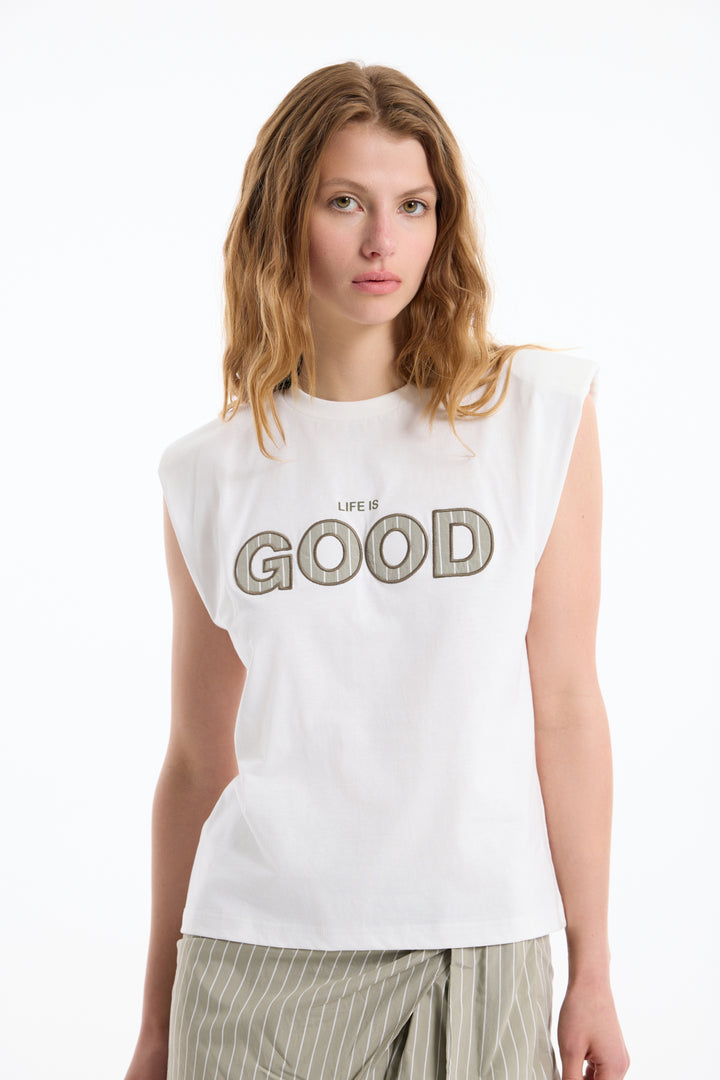 Nakış Yazılı Vatkalı Kolsuz Tişört Ekru