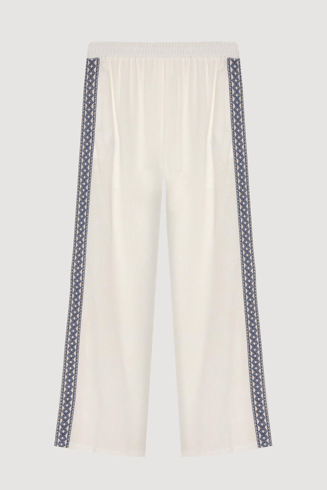 Şerit Nakışlı Beli Lastikli Bol Paça Pantolon Ekru