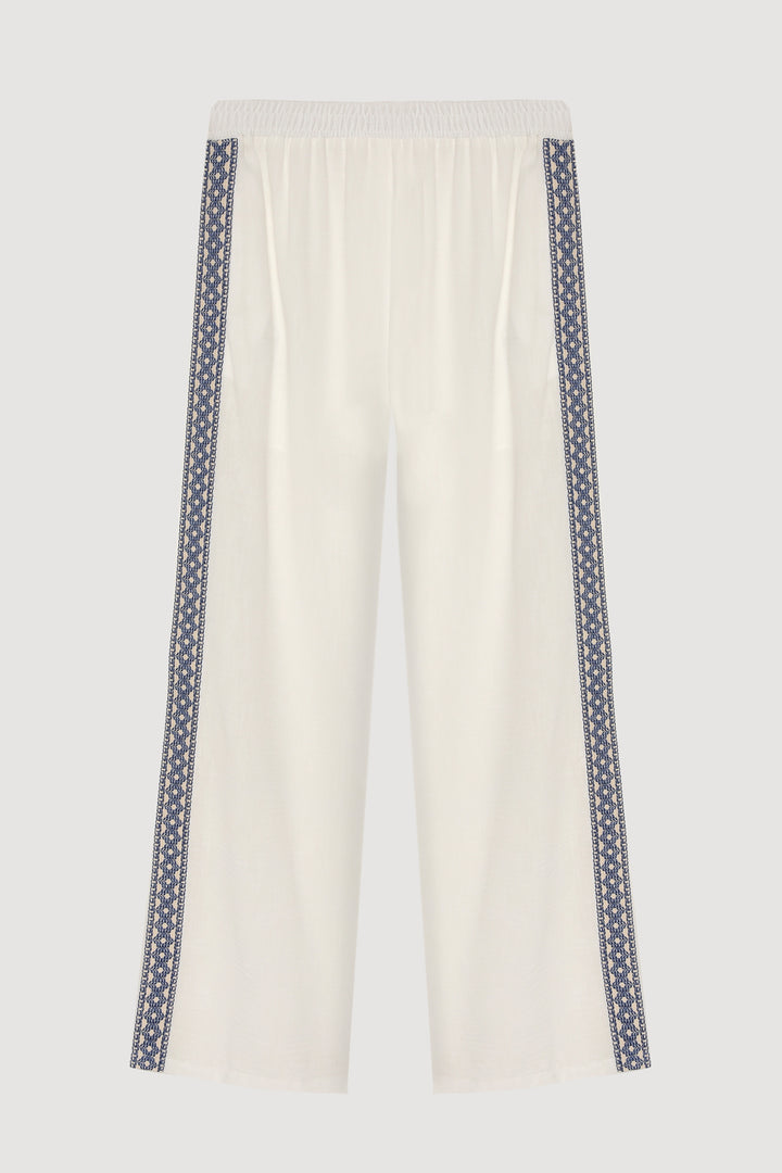 Şerit Nakışlı Beli Lastikli Bol Paça Pantolon Ekru