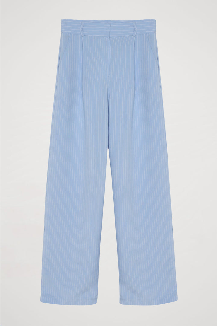 İnce Çizgili Yüksek Bel Pantolon Mavi