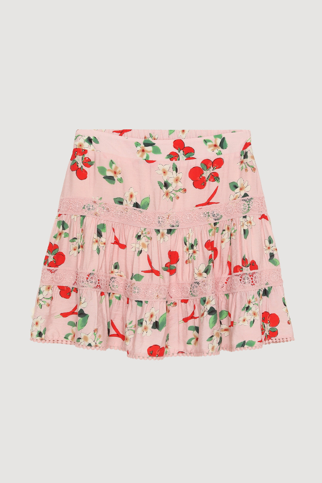 Kiraz Desenli Volanlı Mini Etek Pembe