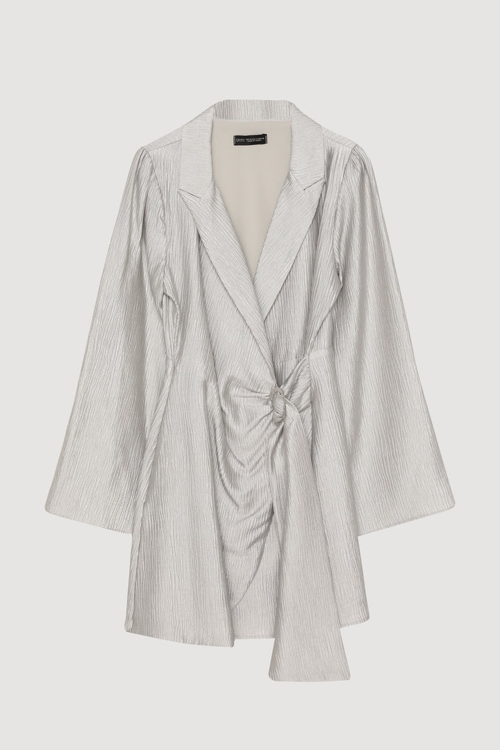 Kruvaze Bağlamalı Dokulu Mini Elbise Gri