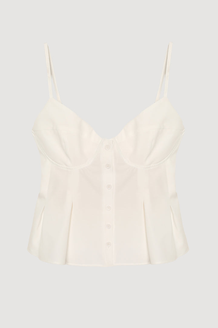 Pile Detaylı Düğmeli İnce Askılı Bluz Ekru
