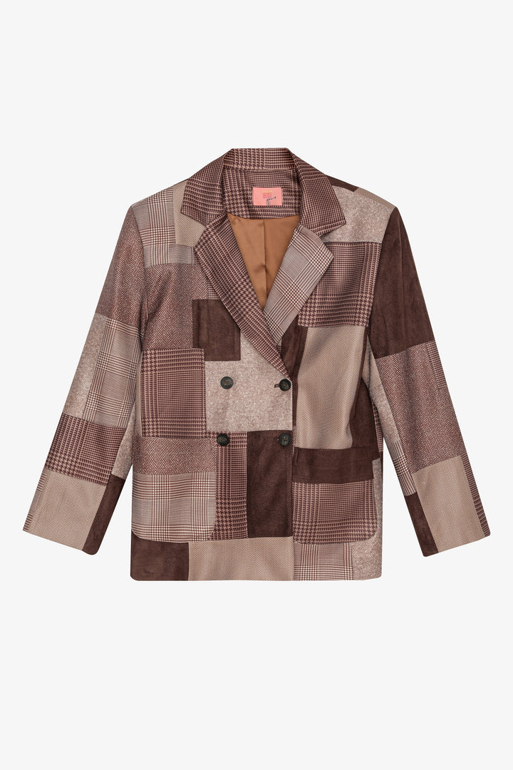 Patchwork Kruvaze Blazer Ceket Kahverengi