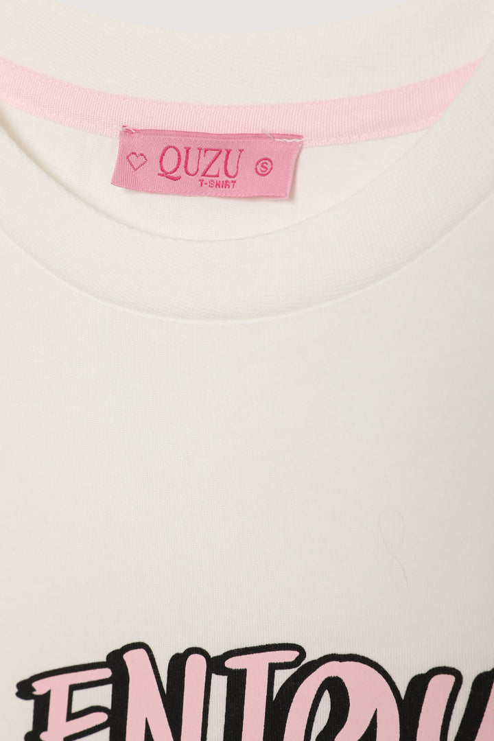 Renkli Kokteyl Baskılı Kısa Kol Tişört Ekru