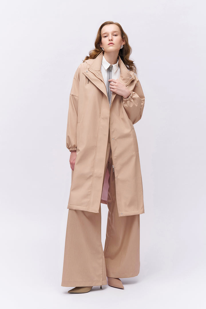 Oversize Hooded Trench Coat Beige
